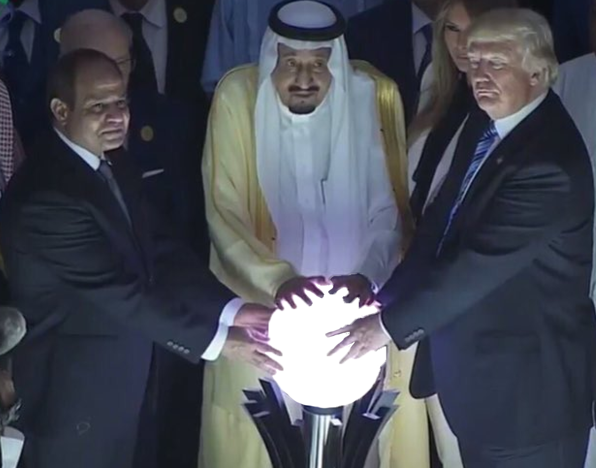 trump and two other men with hands placed ominously on a glowing orb